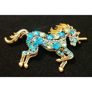 Blue Rhinestone Unicorn Brooch/Pendant 3.25" Wide X 2" Long